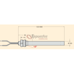 RESISTENCIA DE ENCENDIDO PELLETS ROSCA 1/2 diametro 12,5 mm. 300 W largo 130 mm