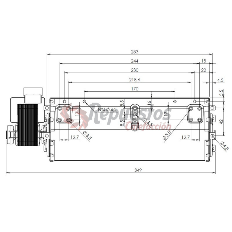 Ventilatore Tangenziale Per Stufa A Pellet Easyricambi Trial THS27B6 019, 349 Mm, Bocchetta 272x35 Mm, 45W, 260 M³/h